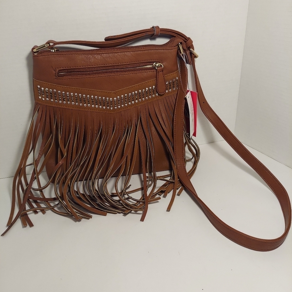 NWT VIETA Fringed Rhinestone Crossbody Purse Brown Faux Leather Back Pocket
